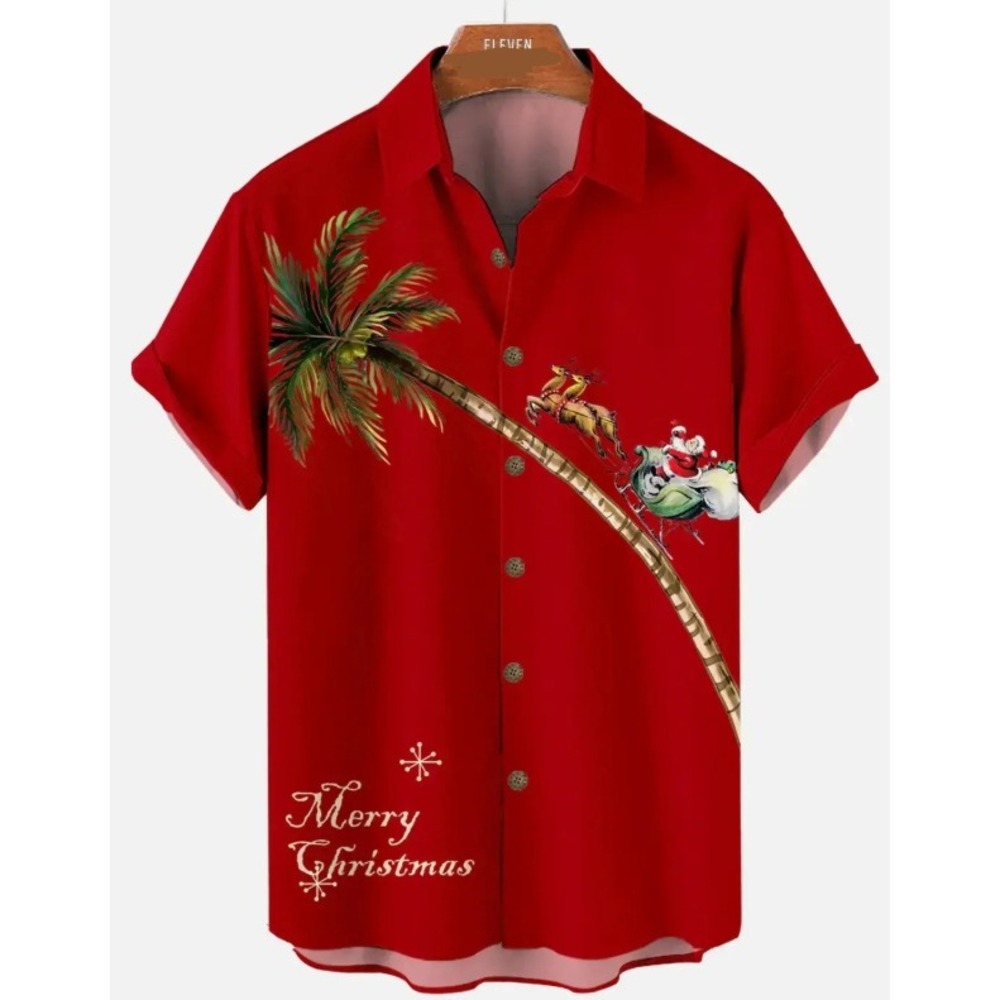 Eleven Oasis Men's Red Merry Christmas Santa Palm Tree Button Up Cotton Shirt XL